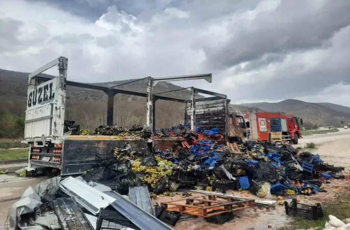 Tokat’ta çilek yüklü kamyon yandı
