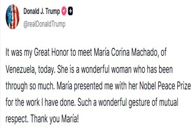 Venezuelalı muhalif lider Machado Nobel Barış Ödülü madalyasını Trump’a verdi
